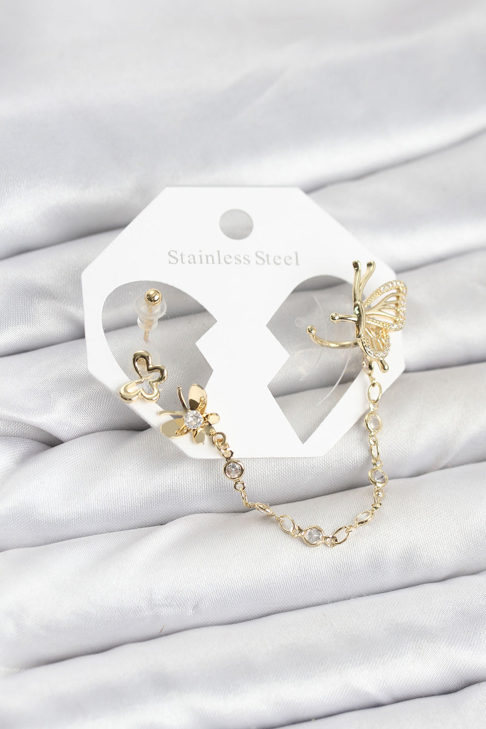 Kelebekli Model Pirinç Gold Renk Zincir Bağlantılı Ear Cuff Küpe Seti TG27BKP11544