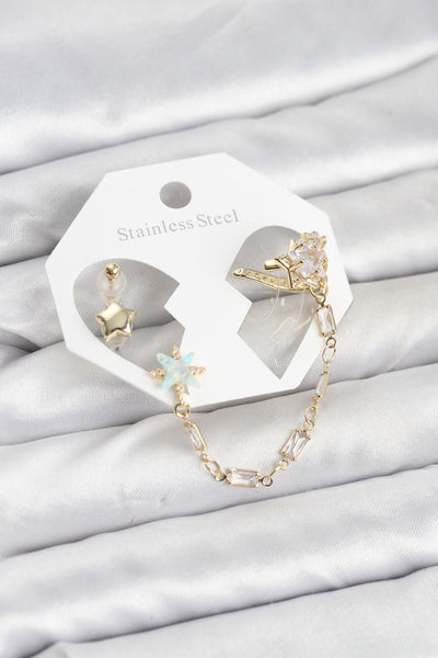 Yıldız Model Pirinç Gold Renk Zincir Bağlantılı Ear Cuff Küpe Seti TG27BKP11545