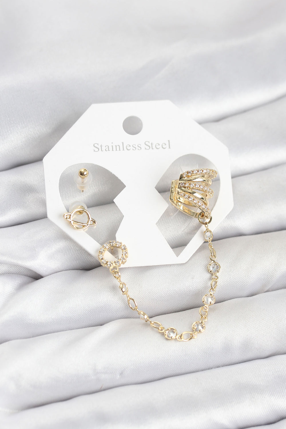 Uzay Model Pirinç Gold Renk Zincir Bağlantılı Ear Cuff Küpe Seti TG27BKP11546