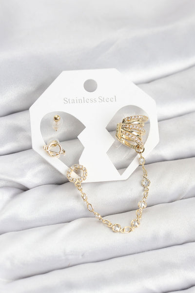 Uzay Model Pirinç Gold Renk Zincir Bağlantılı Ear Cuff Küpe Seti TG27BKP11546