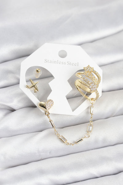 Kalp Yıldız Model Pirinç Gold Renk Zincir Bağlantılı Ear Cuff Küpe Seti TG27BKP11547