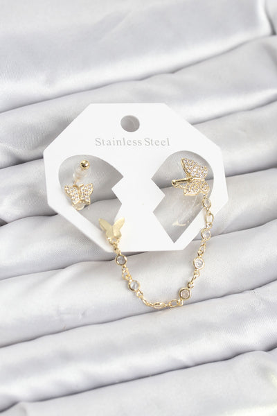 Kelebek Model Pirinç Gold Renk Zincir Bağlantılı Ear Cuff Küpe Seti TG27BKP11548