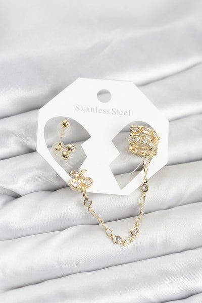 Kiraz Model Pirinç Gold Renk Zincir Bağlantılı Ear Cuff Küpe Seti TG27BKP11549