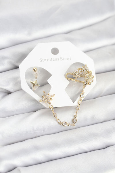 Kutup Yıldızı Model Pirinç Gold Renk Zincir Bağlantılı Ear Cuff Küpe Seti TG27BKP11550