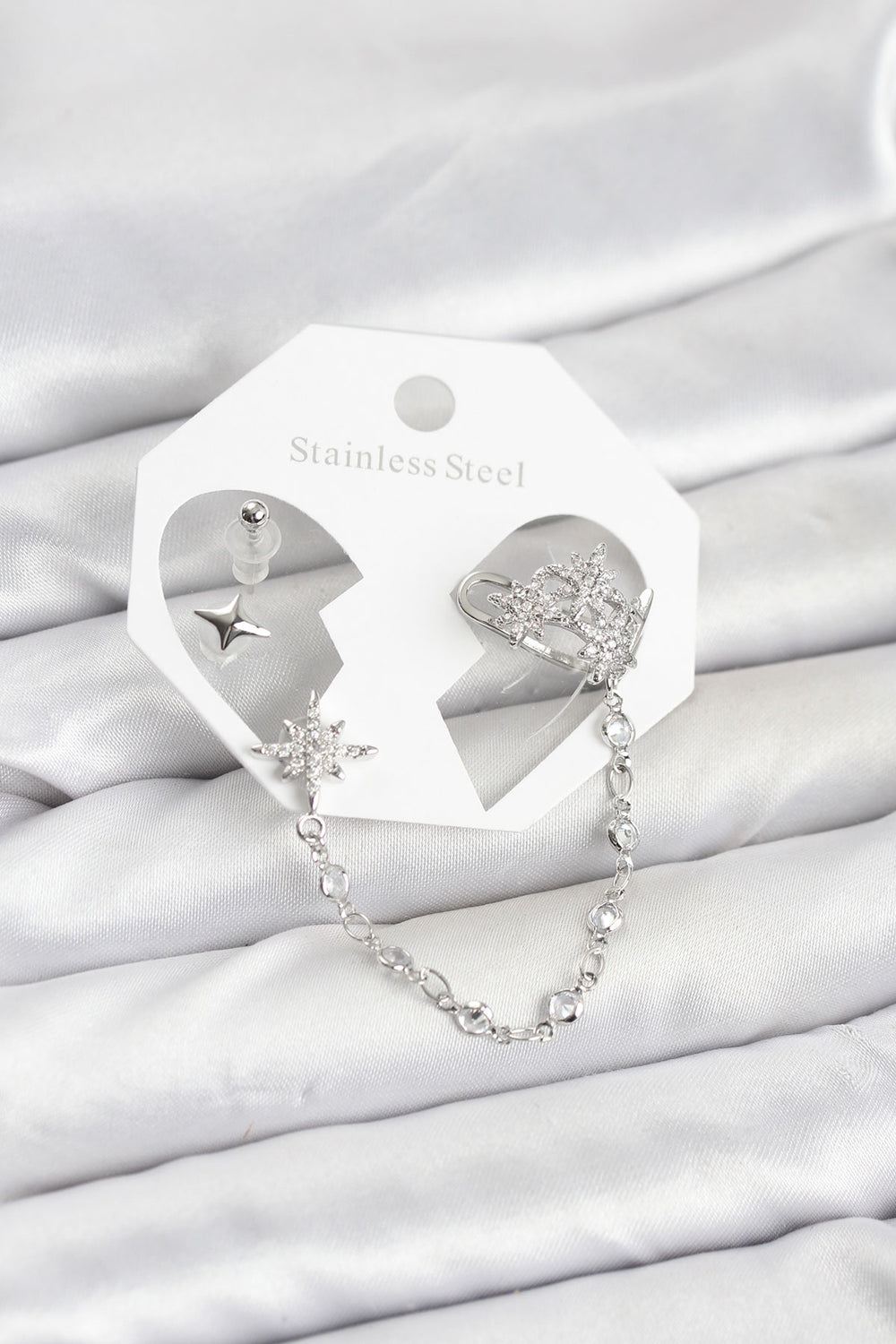 Kutup Yıldızı Model Pirinç Gümüş Renk Zincir Bağlantılı Ear Cuff Küpe Seti TG27BKP11551