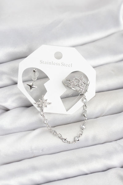 Kutup Yıldızı Model Pirinç Gümüş Renk Zincir Bağlantılı Ear Cuff Küpe Seti TG27BKP11551