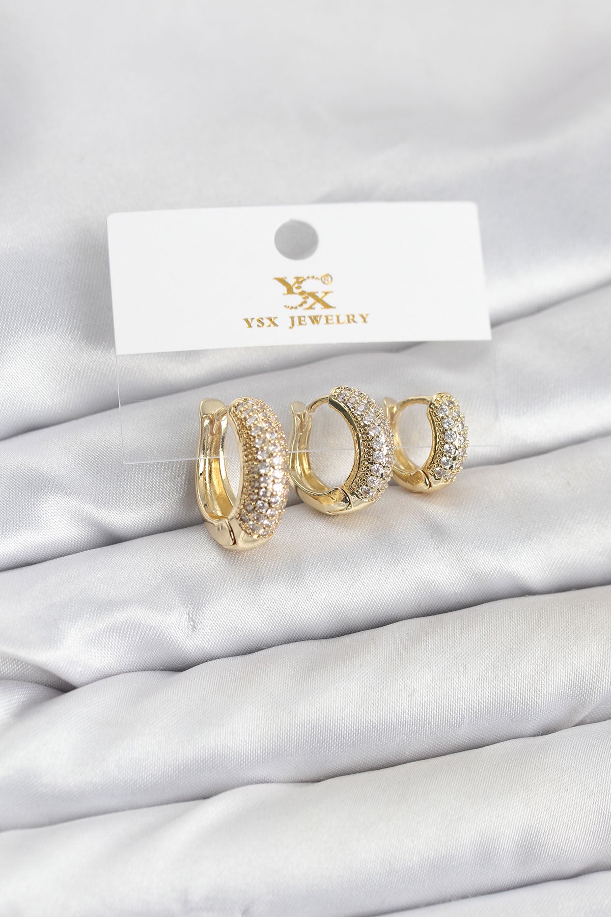 Pirinç Gold Renk Zirkon Taşlı Halka Model YSX Trio Küpe Seti TG27BKP11570 - Standart / Standart
