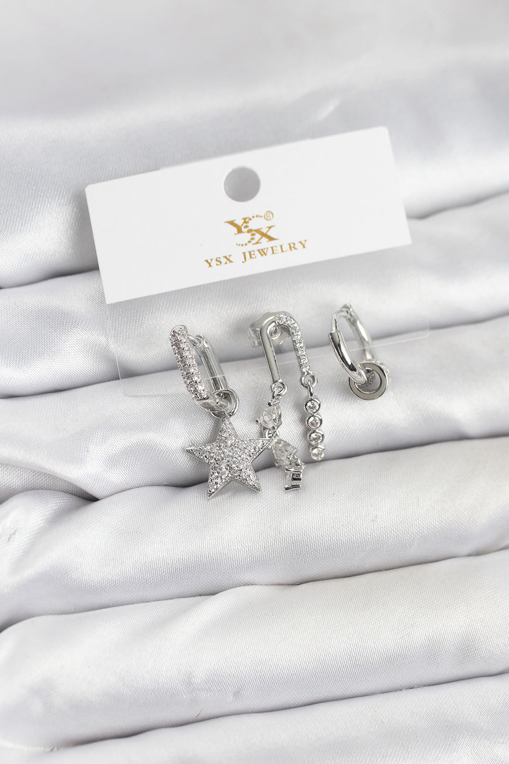 Pirinç Gümüş Renk Zirkon Taşlı Yıldız Vintage Model YSX Trio Küpe Seti TG27BKP11563