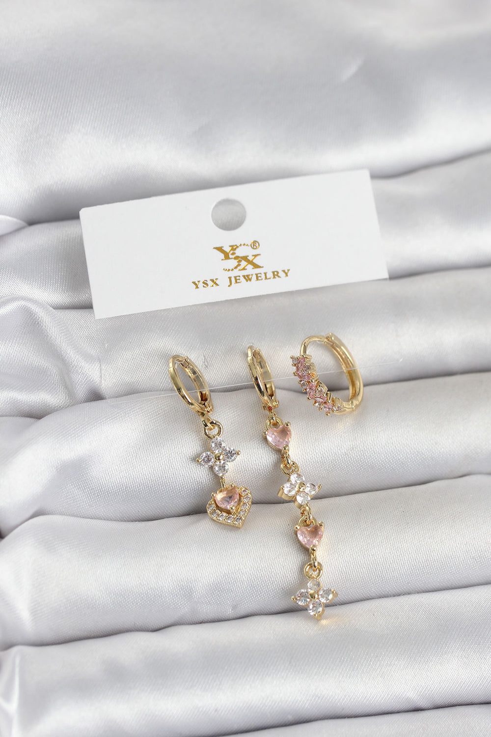 Pirinç Gold Renk Pembe Zirkon Taşlı 3'lü Kadın Küpe TG27BKP11707