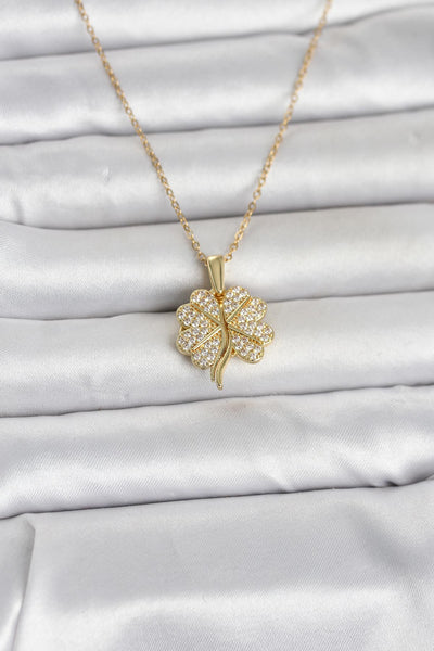 316L Çelik Gold Renk Açılabilir Yonca Model Zirkon Taşlı Kadın Kolye TG27BKO11048
