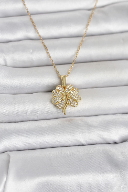 316L Çelik Gold Renk Açılabilir Yonca Model Zirkon Taşlı Kadın Kolye TG27BKO11048