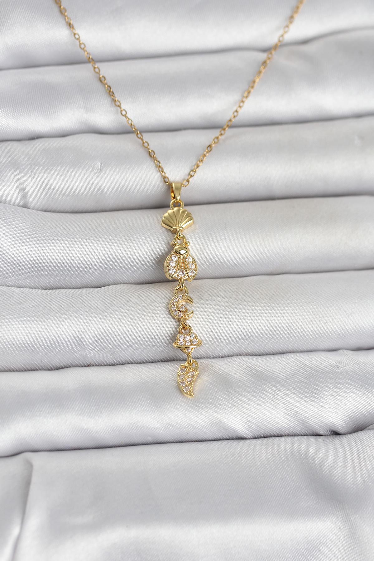 316L Çelik Gold Renk Deniz Temalı Y Model Zirkon Taşlı Kadın Kolye TG27BKO11051 - Çok Renkli / Standart