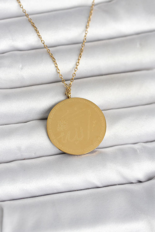 316L Çelik Gold Renk Ayetel Kürsi ve Allah Yazılı Kolye TG27BKO11055 - görsel 2