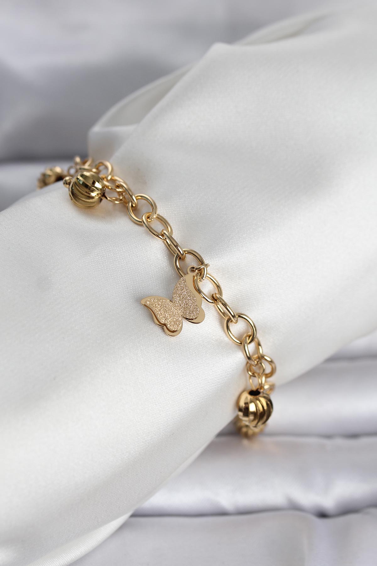 316L Çelik Gold Renk Kelebek ve Dorikalı Kadın Bileklik TG27BB8385 - Çok Renkli / Standart