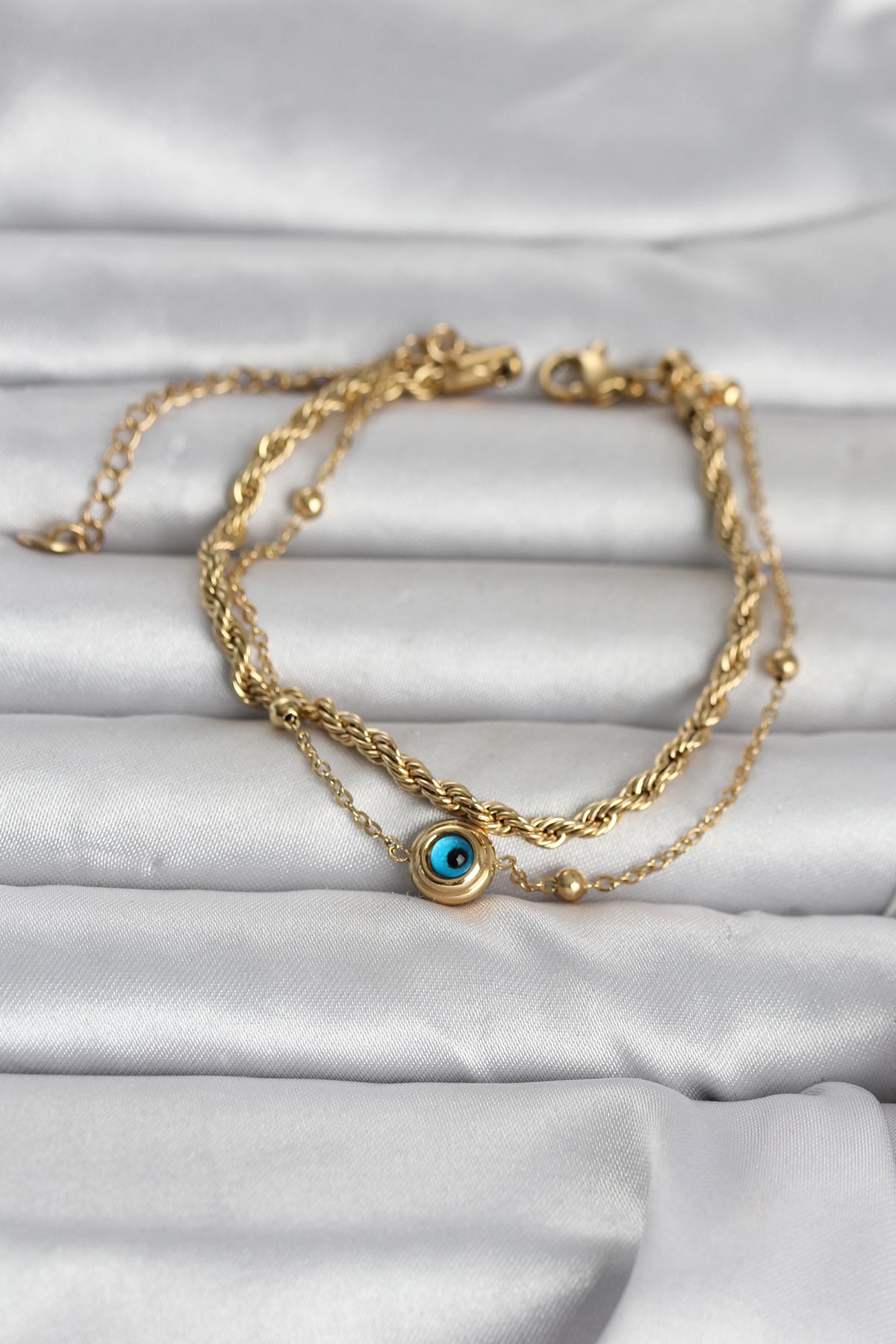 316L Çelik Gold Renk Burgu Zincir ve Nazarlı Kadın Bileklik TG27BB8389 - Çok Renkli / Standart
