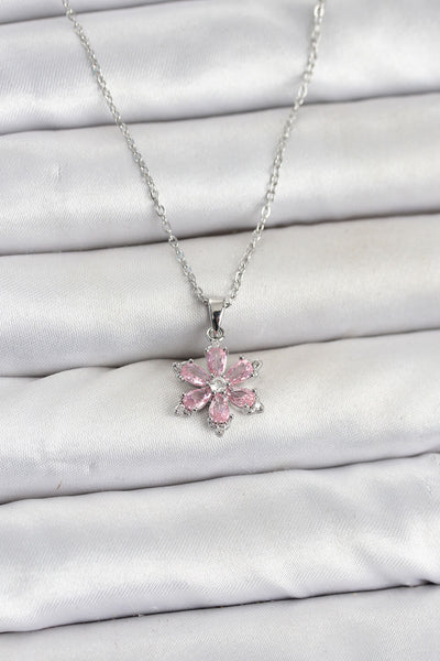 316L Çelik Zincir Gümüş Renk Pembe Zirkon Taşlı Lotus Model Kadın Kolye TG27BKO11064