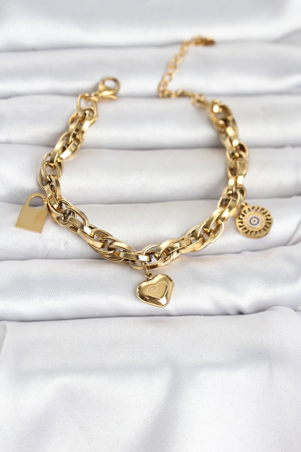 316L Çelik Gold Renk Charmlı Kalın Burgu Model Kadın Bileklik TG27BB8558 - Çok Renkli / Standart