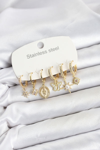 316L Çelik Gold Renk Zirkon Taşlı Charm Detaylı Kadın Küpe Seti TG27BKP11878