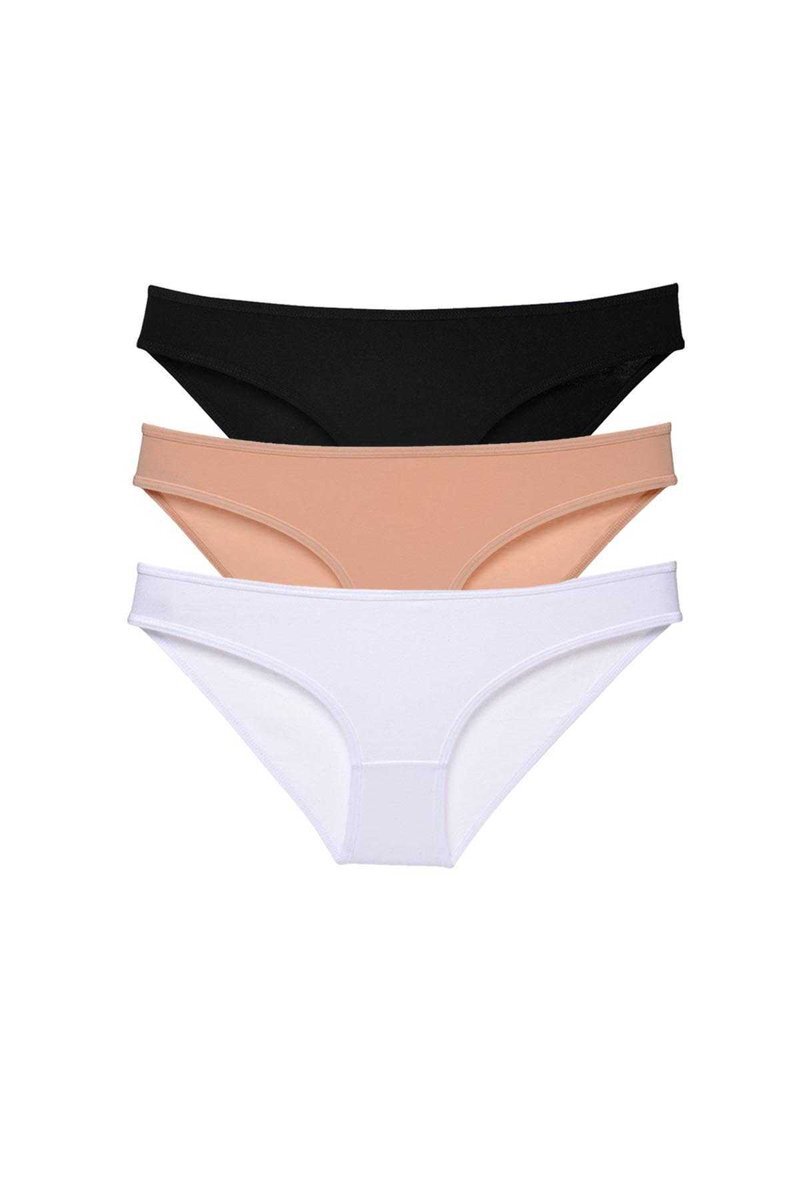 3 adet Süper Eko Set Likralı Kadın Slip Külot Siyah Ten Beyaz - S