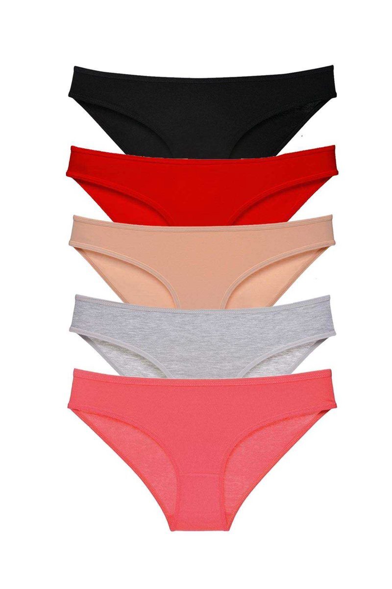 5 adet Süper Eko Set Likralı Kadın Slip Külot Siyah Kırmızı Ten Gri Fuşya - S