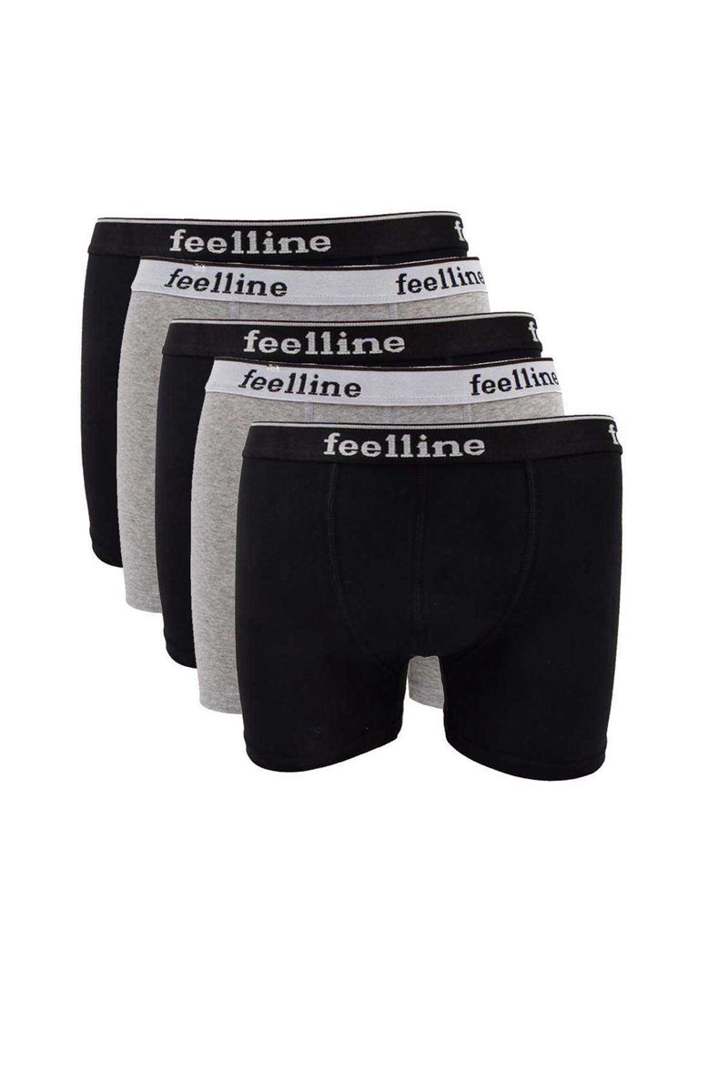 5 adet Feelline Siyah ve Gri Pamuklu Doğal Likralı Erkek Boxer - M