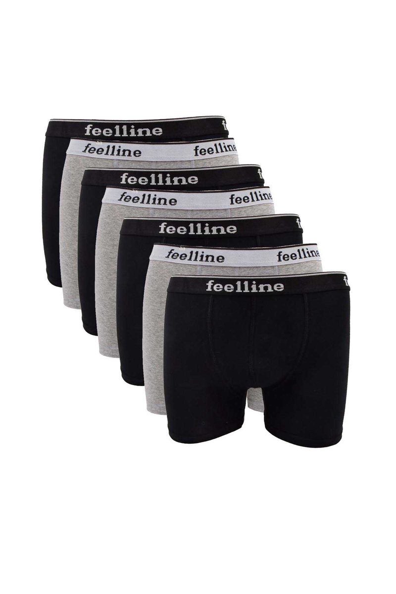 7 adet Feelline Siyah ve Gri Pamuklu Doğal Likralı Erkek Boxer - M
