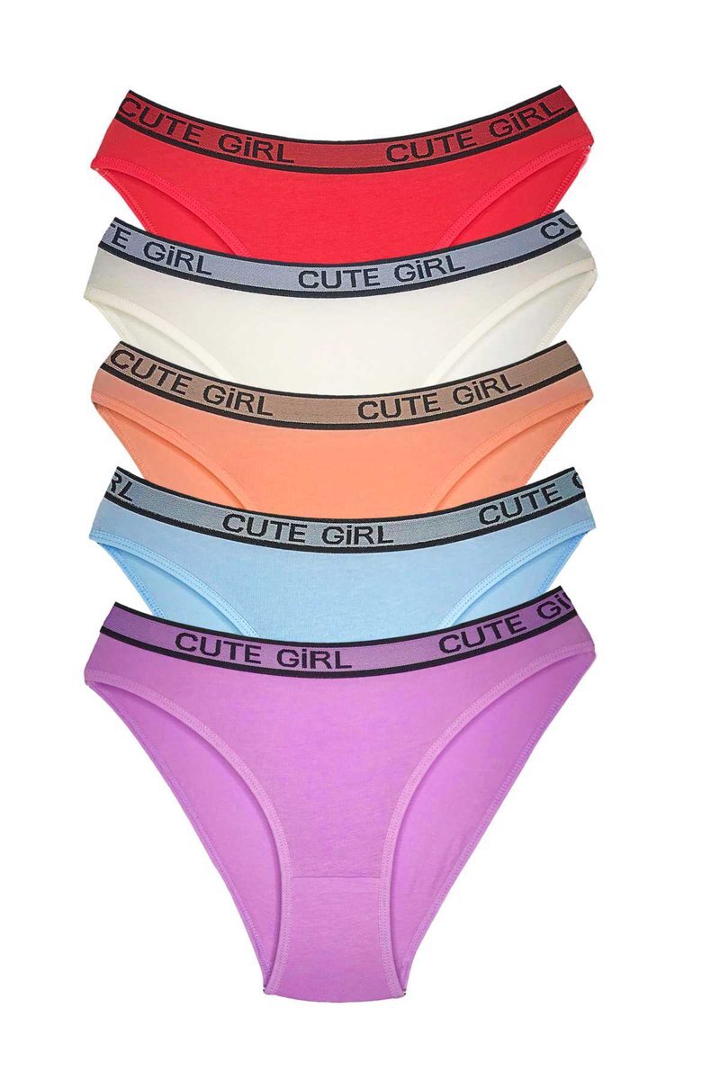 5 Adet Beli Yazılı Pamuklu Kalın Lastik Kadın Slip Külot - S-M