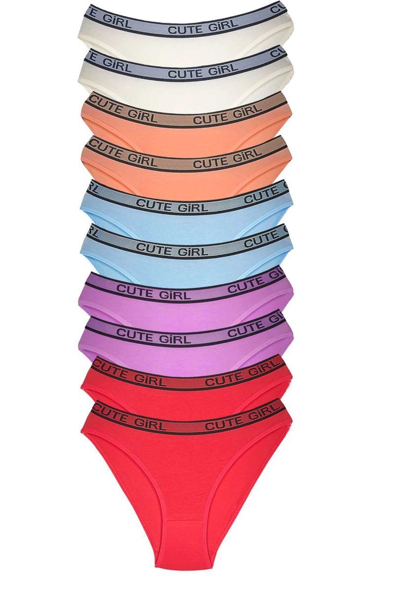 10 Adet Beli Yazılı Pamuklu Kalın Lastik Kadın Slip Külot - S-M