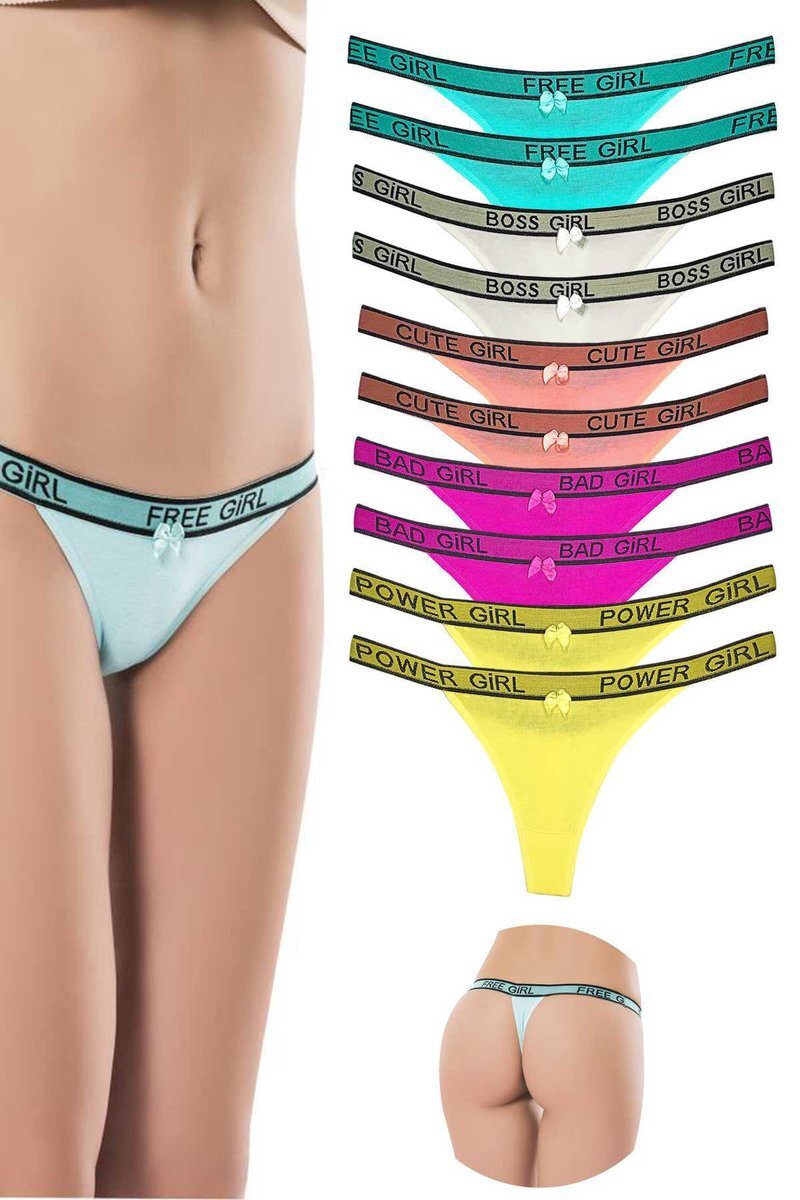10 Adet Beli Yazılı Pamuk Kadın Tanga String Külot - XS-S