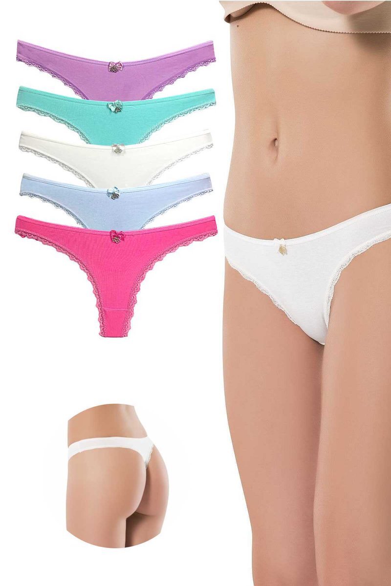 5 Adet Pamuklu Kadın Klasik Dantelli String Tanga - XS-S