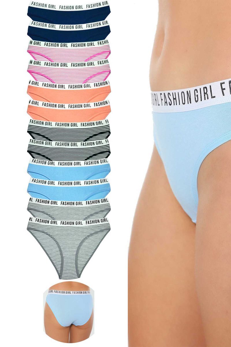 12 Adet Beli Yazılı Lastik Pamuk Kadın Külot - M-L