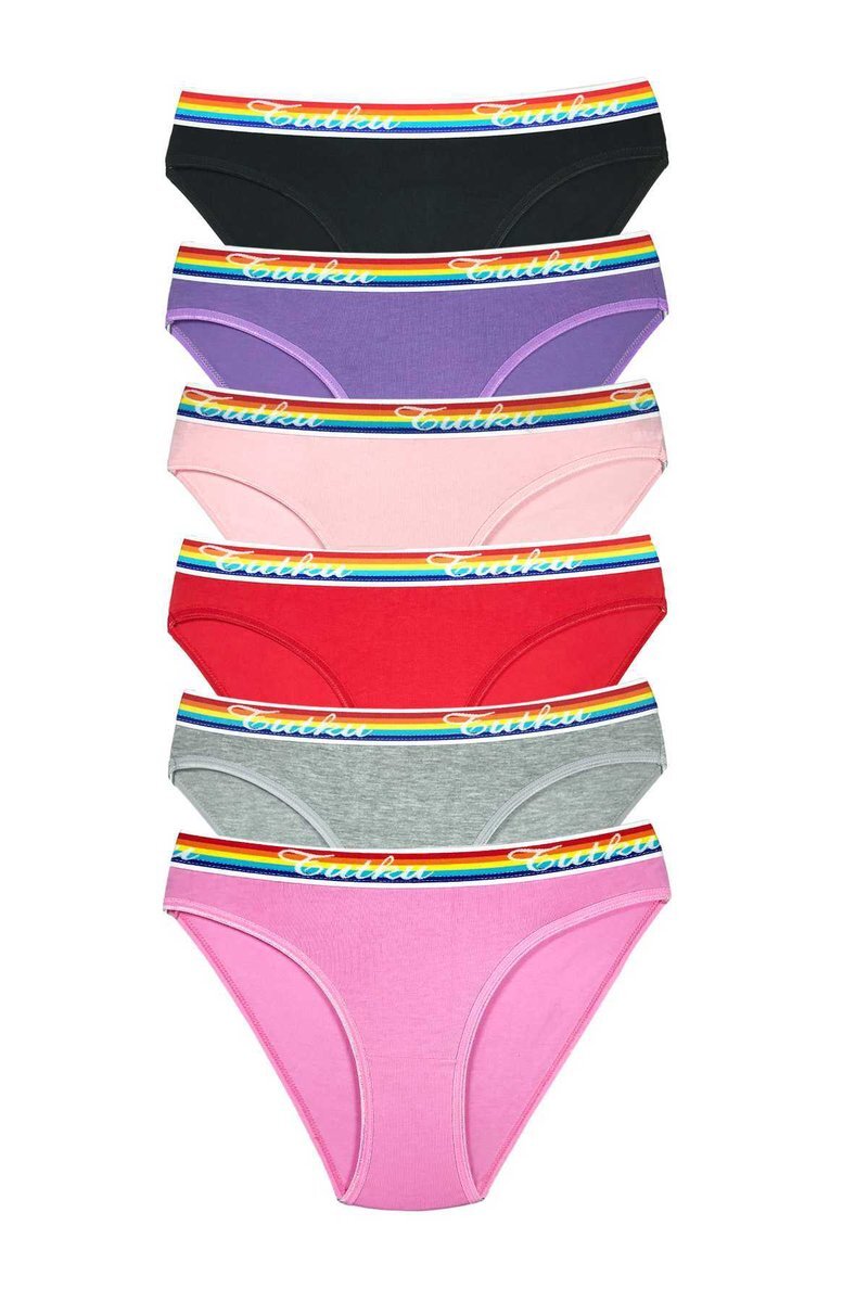6 Adet Beli Renkli Lastik Pamuklu Kadın Slip Tutku Külot - M-L