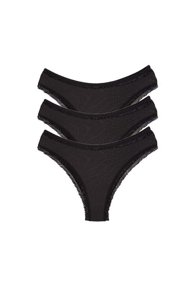 3 Adet Kadın Mikro Bikini Külot İnce Lastik FırFır Kenarlı Yumuşak Doku İç Giyim Siyah