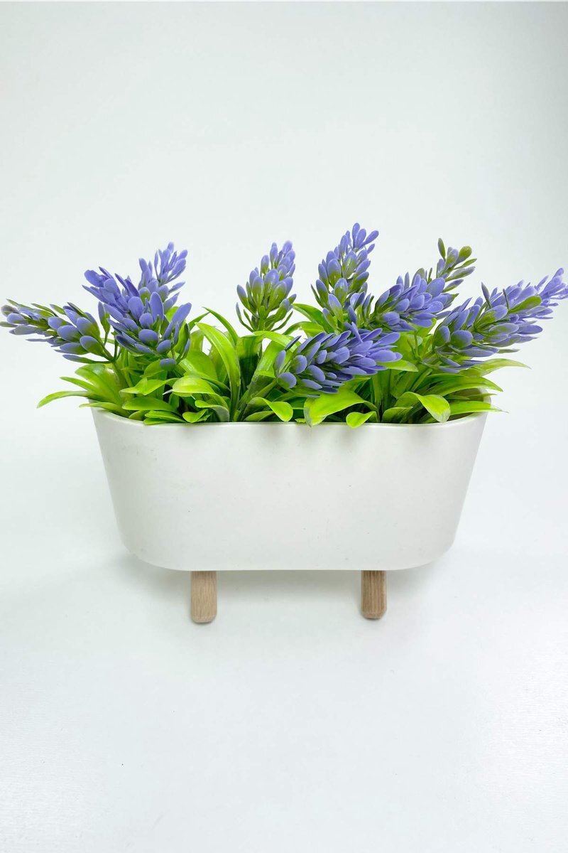 Ayaklı Saksıda Lavanta Çiçeği Dekoratif Yapay Çiçek 8x8x13 cm R3