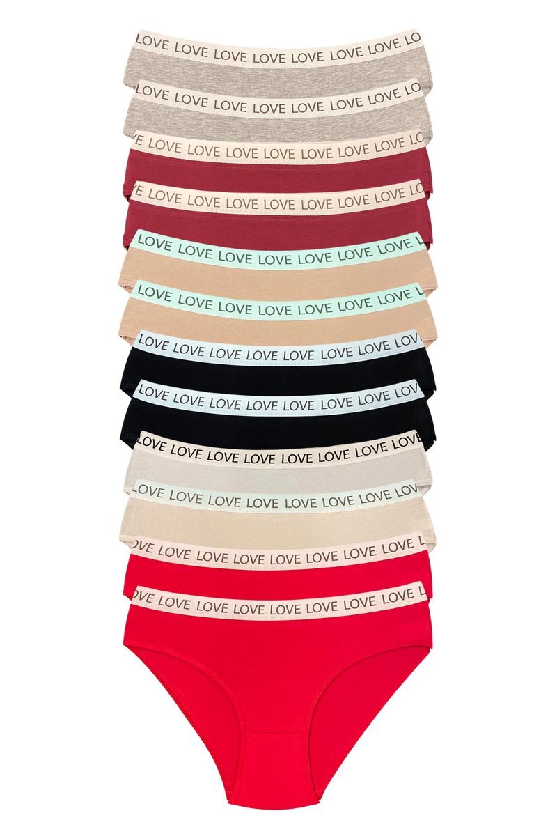 12 Adet Pamuklu Esnek Kadın Slip Bikini Külot Geniş Lastikli Baskılı - S