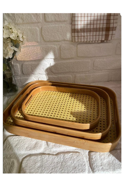 3'lü Bambu Hazeran Dikdörtgen Tepsi 32,5x22 - 39,50x28 - 46x33 cm