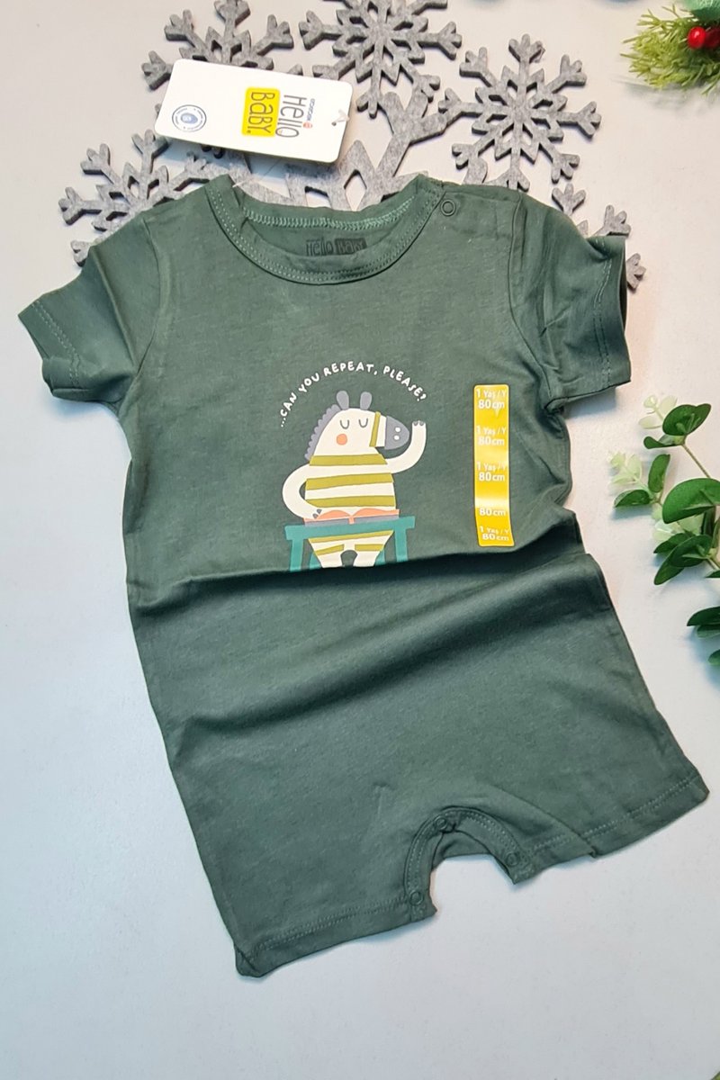 Yazlık %100 Pamuk Haki Yeşil Kısa Kol ÇıtÇıtlı Bebek Tulum Hellobaby Ebebek Badi 1 Adet - 0-6 Ay