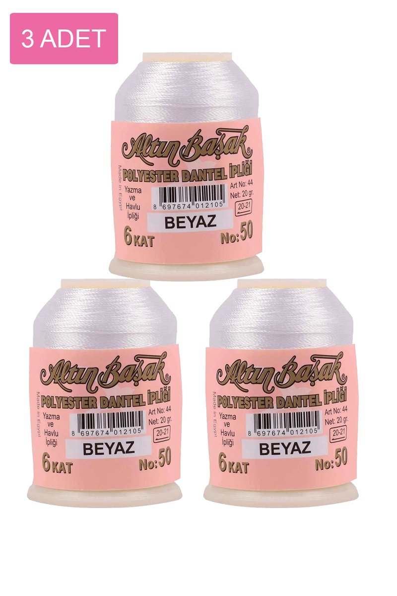 3 Adet Altınbaşak Oya ve Dantel İpi 20 gr - - No: BEYAZ