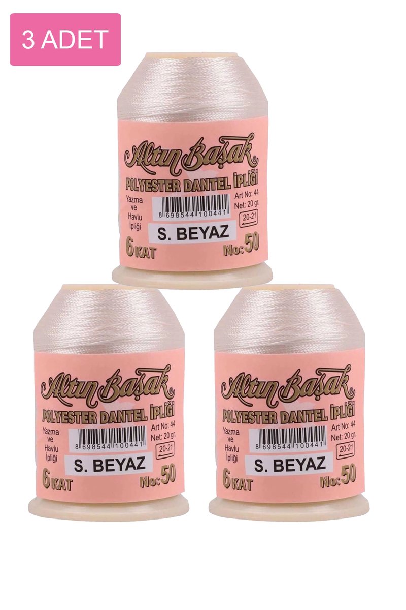 3 Adet Altınbaşak Oya ve Dantel İpi 20 gr - - No: Ş.BEYAZ