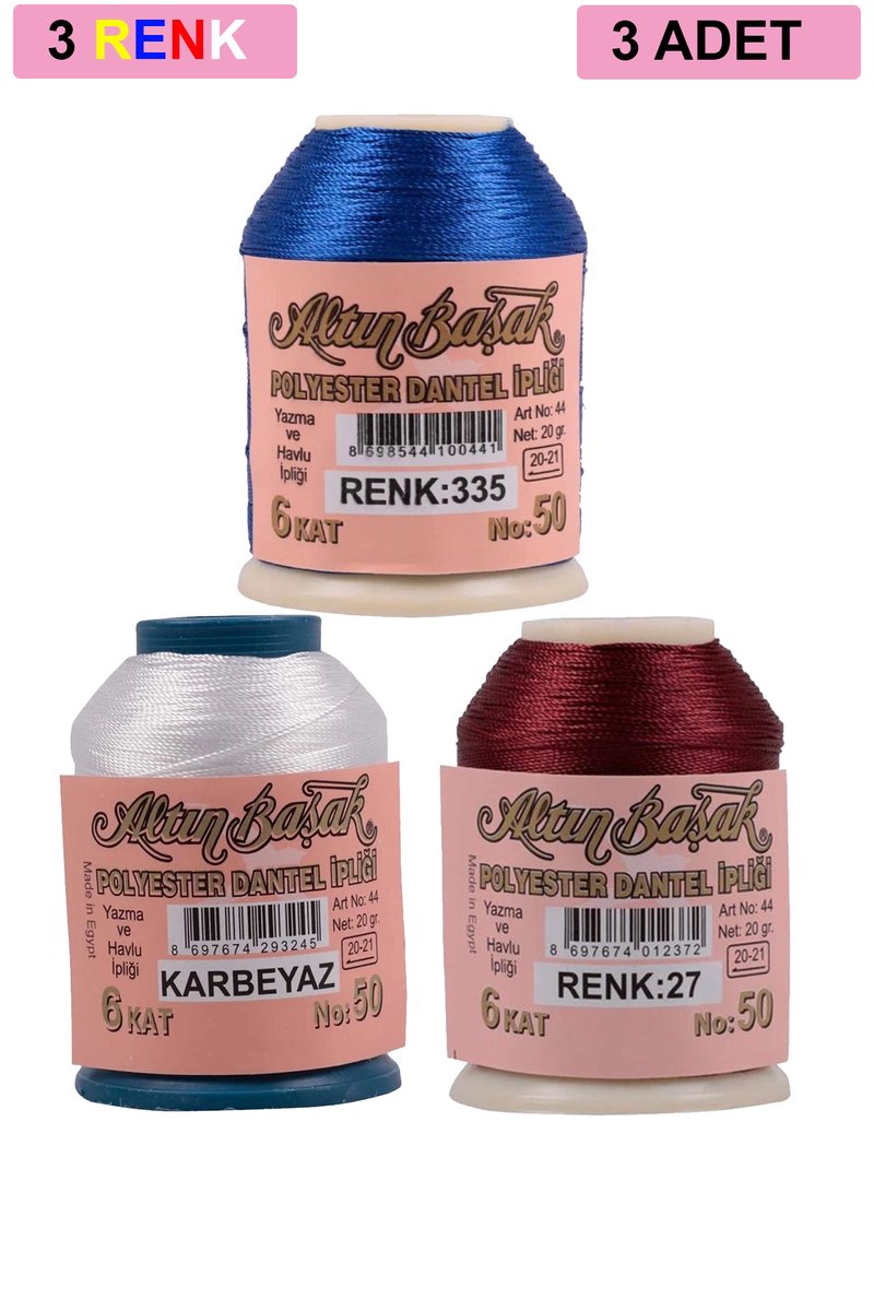 3 Adet Altınbaşak Oya ve Dantel İpi 20 gr - - No: K.BEYAZ - 027 - 335