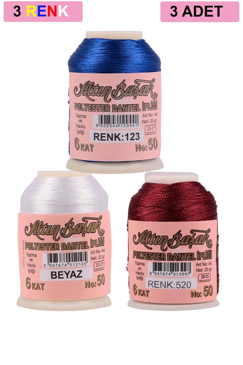 3 Adet Altınbaşak Oya ve Dantel İpi 20 gr - - No: BEYAZ - 520 - 123