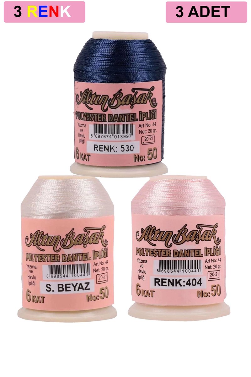 3 Adet Altınbaşak Oya ve Dantel İpi 20 gr - - No: Ş.BEYAZ - 404 - 530