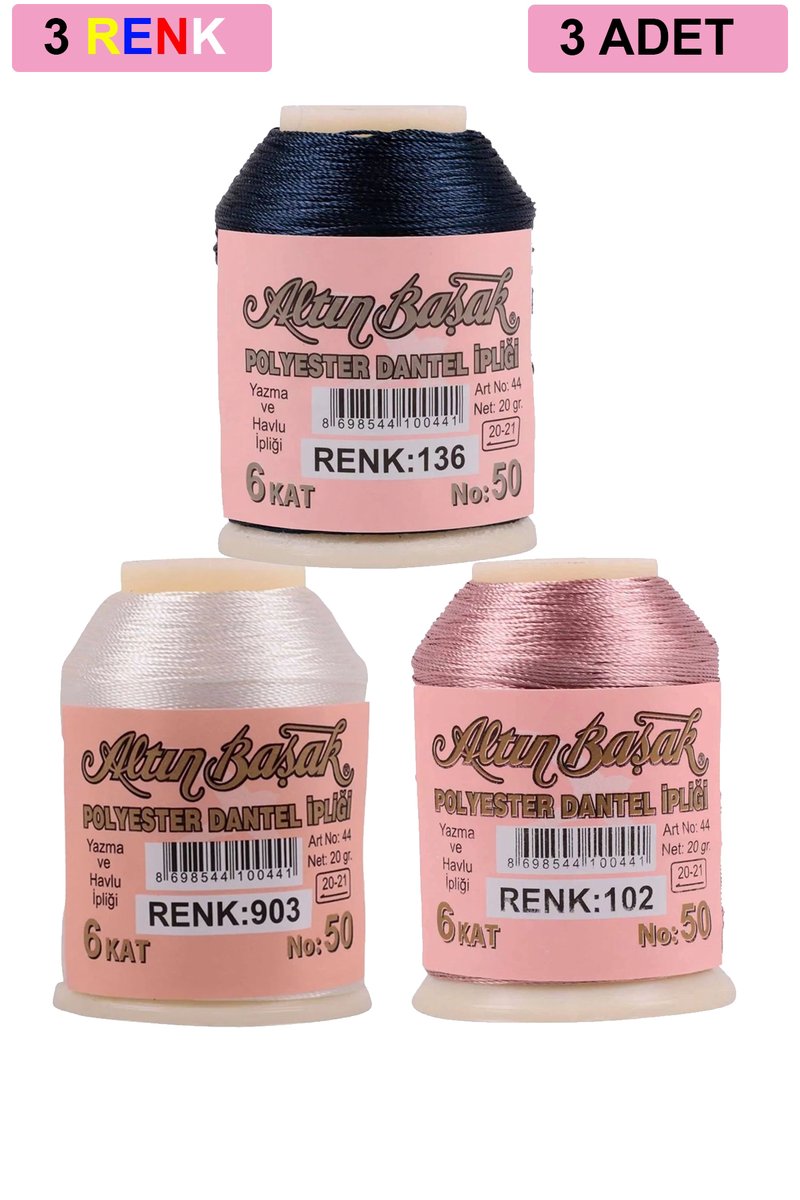 3 Adet Altınbaşak Oya ve Dantel İpi 20 gr - - No: 903 - 102 - 136
