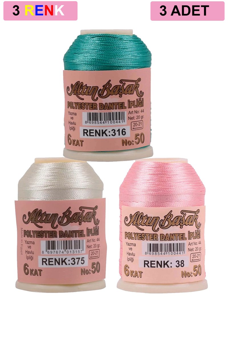 3 Adet Altınbaşak Oya ve Dantel İpi 20 gr - - No: 375 - 038 - 316