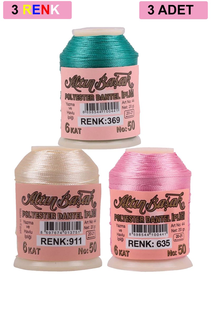 3 Adet Altınbaşak Oya ve Dantel İpi 20 gr - - No: 911 - 635 - 369