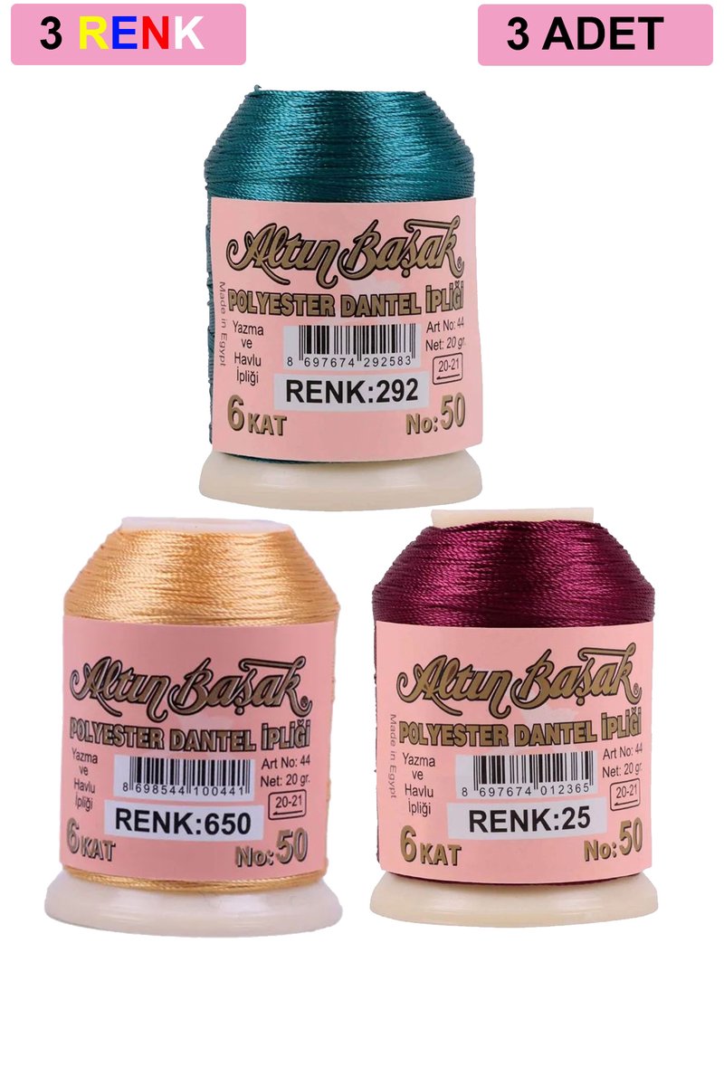 3 Adet Altınbaşak Oya ve Dantel İpi 20 gr - - No: 650 - 025 - 292