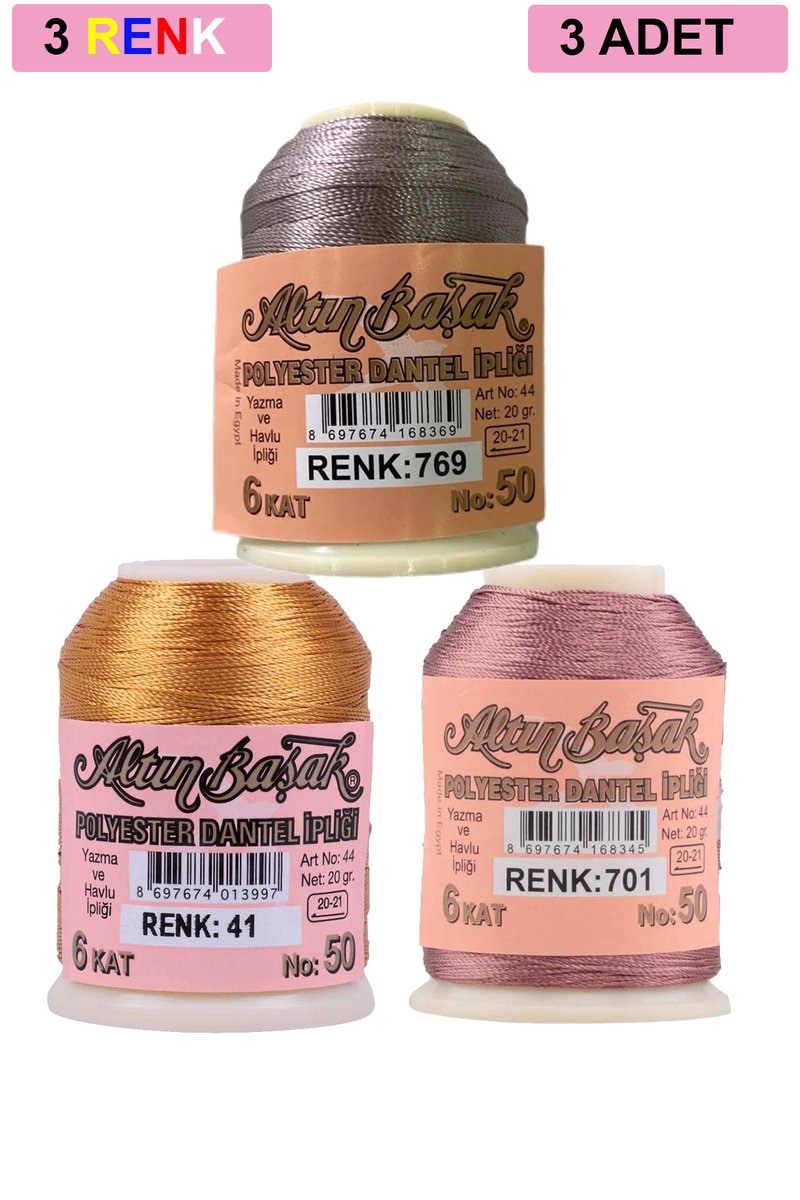 3 Adet Altınbaşak Oya ve Dantel İpi 20 gr - - No: 041 - 701 - 769