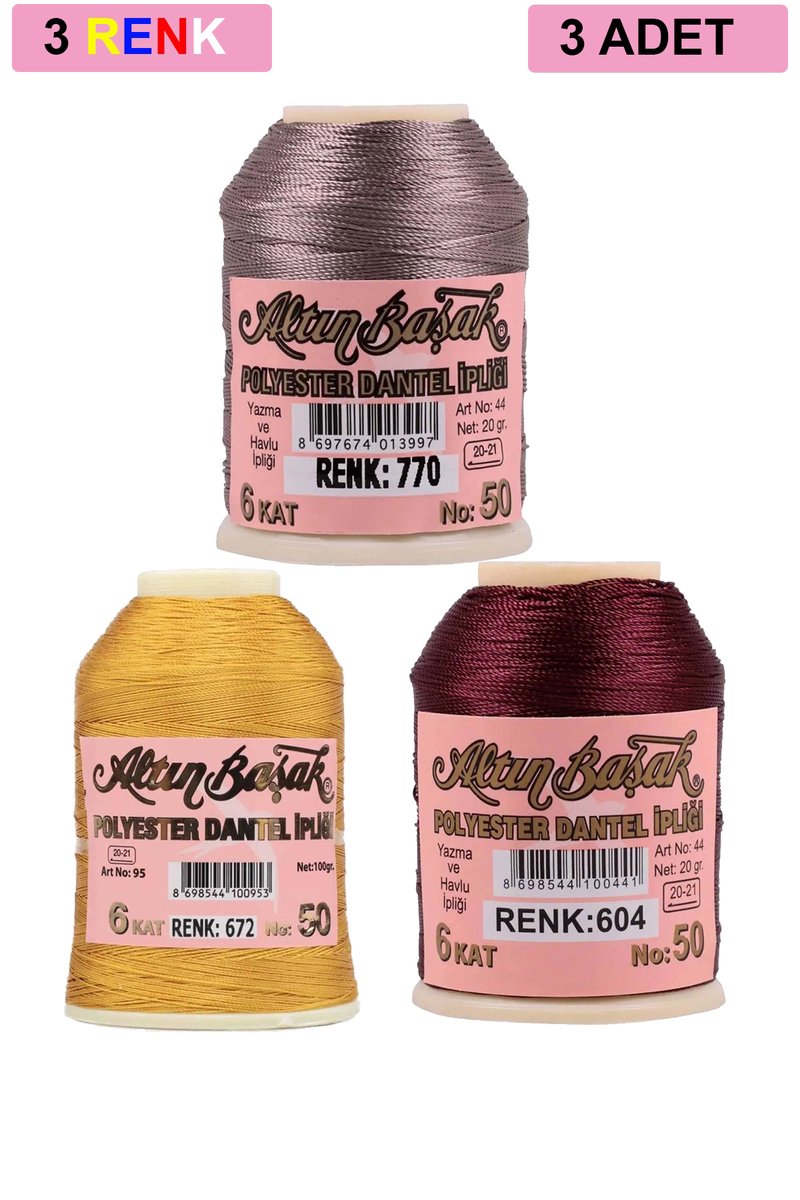 3 Adet Altınbaşak Oya ve Dantel İpi 20 gr - - No: 672 - 604 - 770