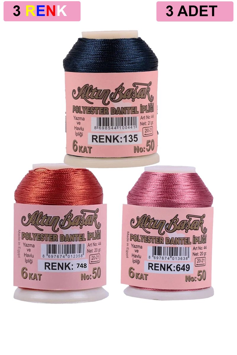 3 Adet Altınbaşak Oya ve Dantel İpi 20 gr - - No: 748 - 649 - 135