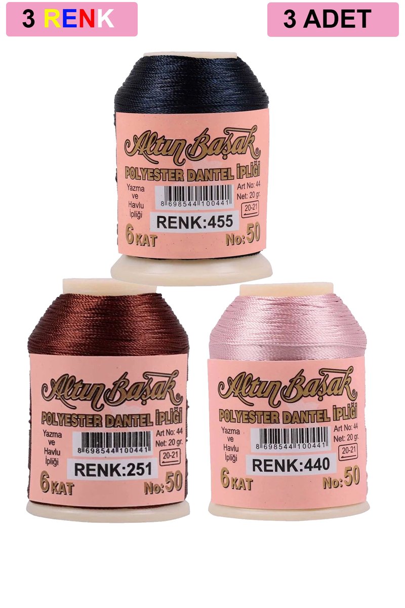 3 Adet Altınbaşak Oya ve Dantel İpi 20 gr - - No: 251 - 440 - 455